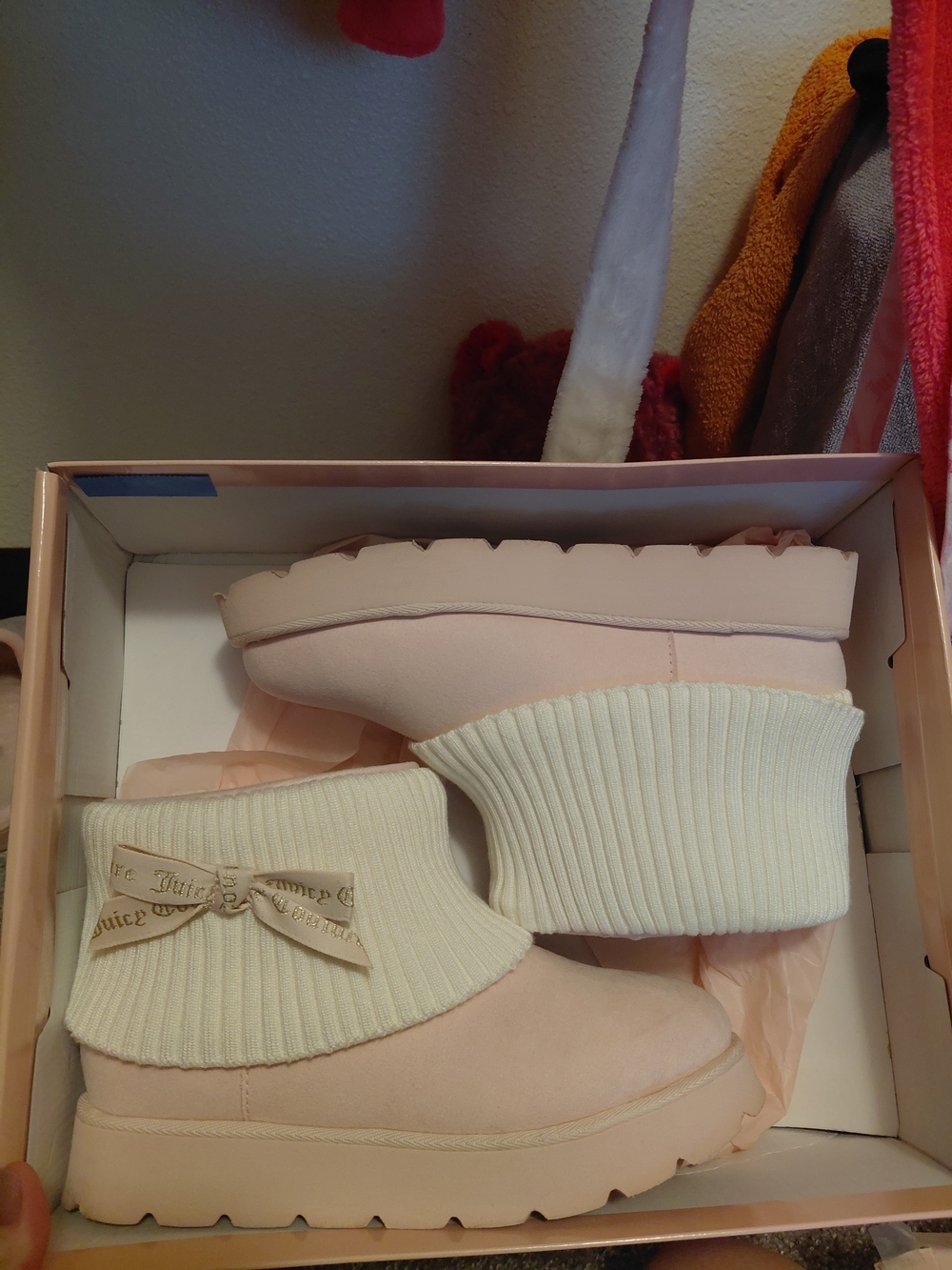 Juicy Couture Pale Pink Platform Ankle Booties with Cream Knit Cuff